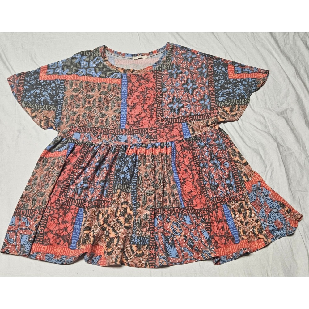 Easel Patchwork Babydoll Top Womens Medium Multi Color Boho Empire Waist ET15209